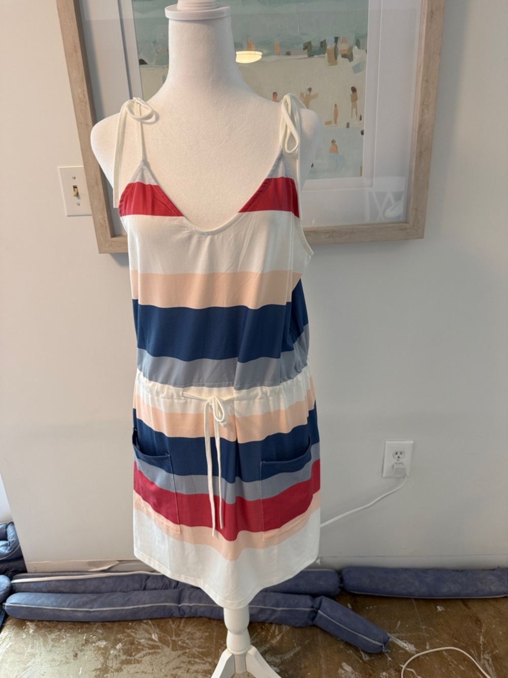 NWT 🌸 Striped Tie-Shoulder Summer Dress in Navy, Red, Peach,White Size Large